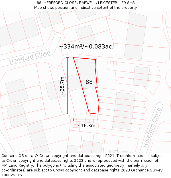 88, HEREFORD CLOSE, BARWELL, LEICESTER, LE9 8HS: Plot and title map