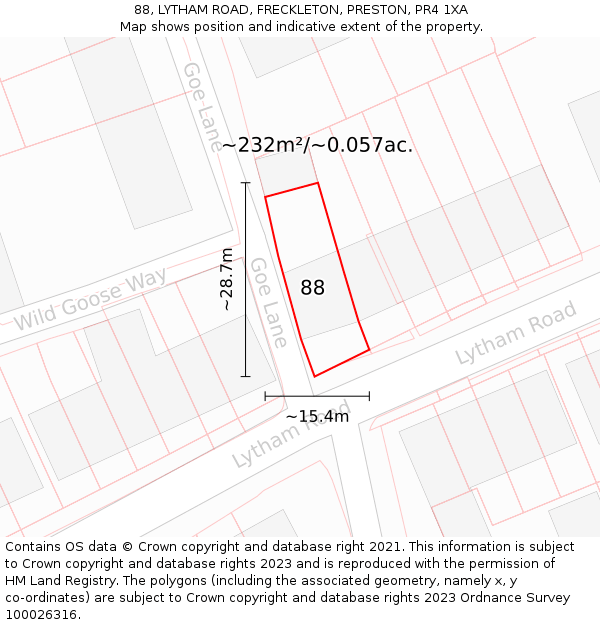 88, LYTHAM ROAD, FRECKLETON, PRESTON, PR4 1XA: Plot and title map