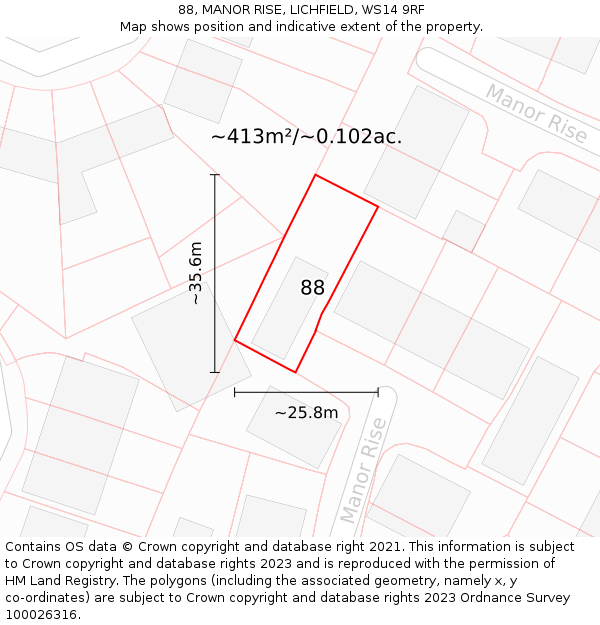 88, MANOR RISE, LICHFIELD, WS14 9RF: Plot and title map