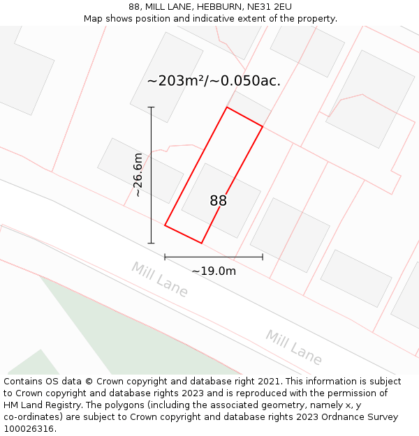 88, MILL LANE, HEBBURN, NE31 2EU: Plot and title map