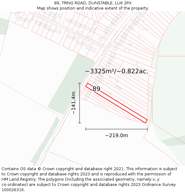 89, TRING ROAD, DUNSTABLE, LU6 2PX: Plot and title map