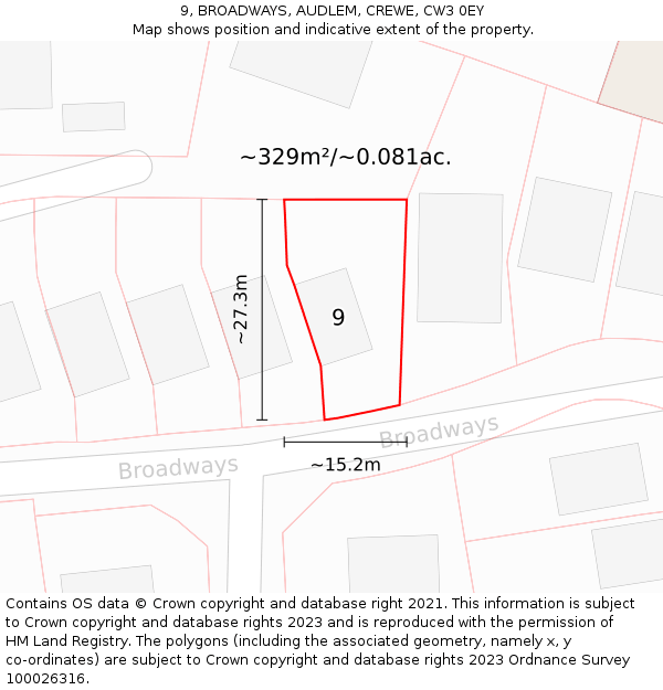 9, BROADWAYS, AUDLEM, CREWE, CW3 0EY: Plot and title map