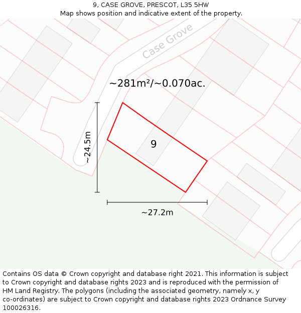 9, CASE GROVE, PRESCOT, L35 5HW: Plot and title map