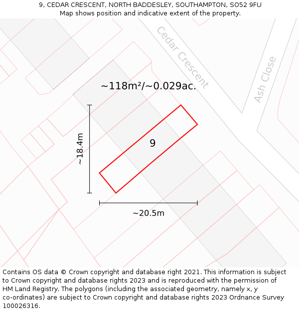 9, CEDAR CRESCENT, NORTH BADDESLEY, SOUTHAMPTON, SO52 9FU: Plot and title map
