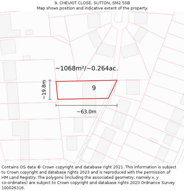9, CHEVIOT CLOSE, SUTTON, SM2 5SB: Plot and title map