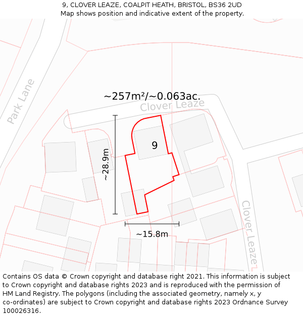 9, CLOVER LEAZE, COALPIT HEATH, BRISTOL, BS36 2UD: Plot and title map