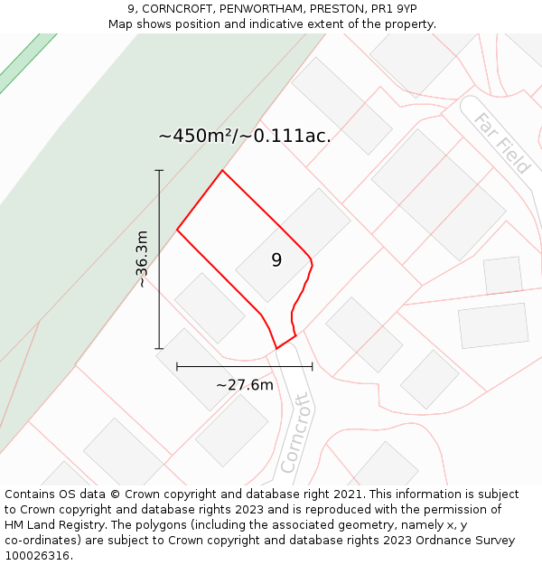 9, CORNCROFT, PENWORTHAM, PRESTON, PR1 9YP: Plot and title map