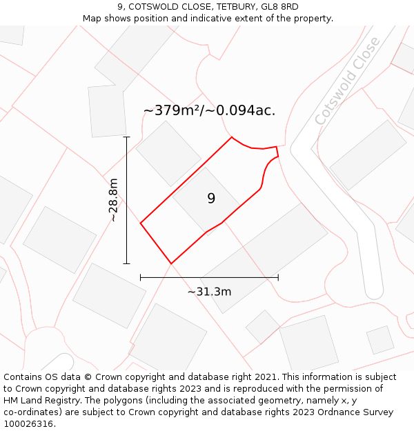 9, COTSWOLD CLOSE, TETBURY, GL8 8RD: Plot and title map