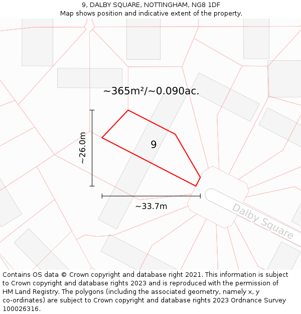 9, DALBY SQUARE, NOTTINGHAM, NG8 1DF: Plot and title map