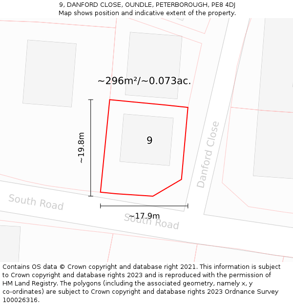 9, DANFORD CLOSE, OUNDLE, PETERBOROUGH, PE8 4DJ: Plot and title map