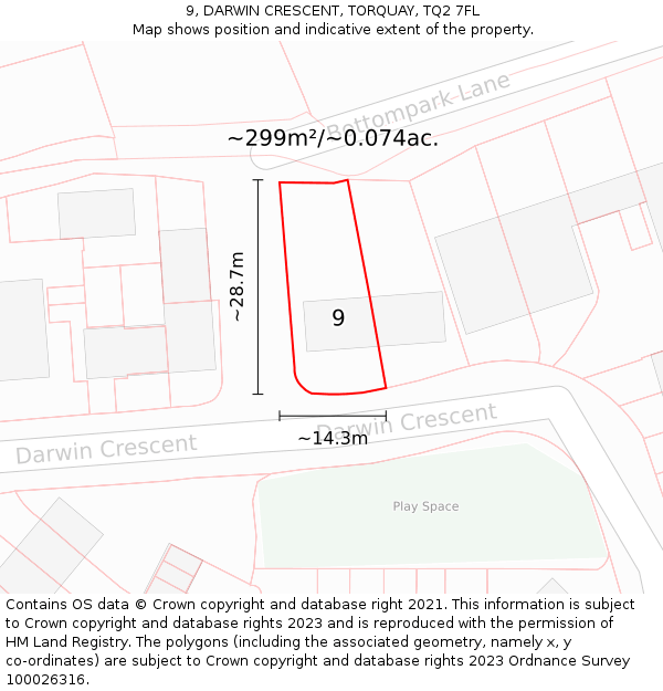 9, DARWIN CRESCENT, TORQUAY, TQ2 7FL: Plot and title map