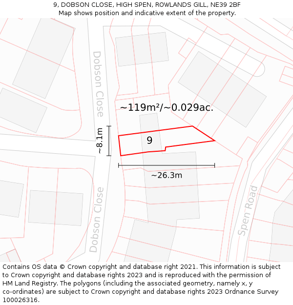 9, DOBSON CLOSE, HIGH SPEN, ROWLANDS GILL, NE39 2BF: Plot and title map