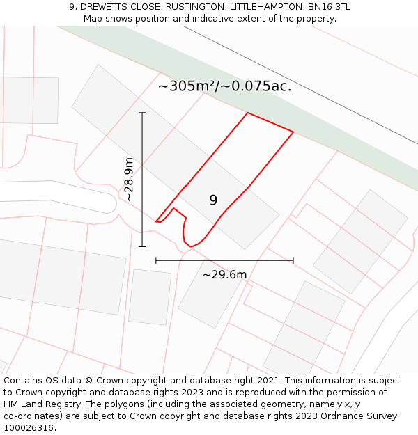 9, DREWETTS CLOSE, RUSTINGTON, LITTLEHAMPTON, BN16 3TL: Plot and title map
