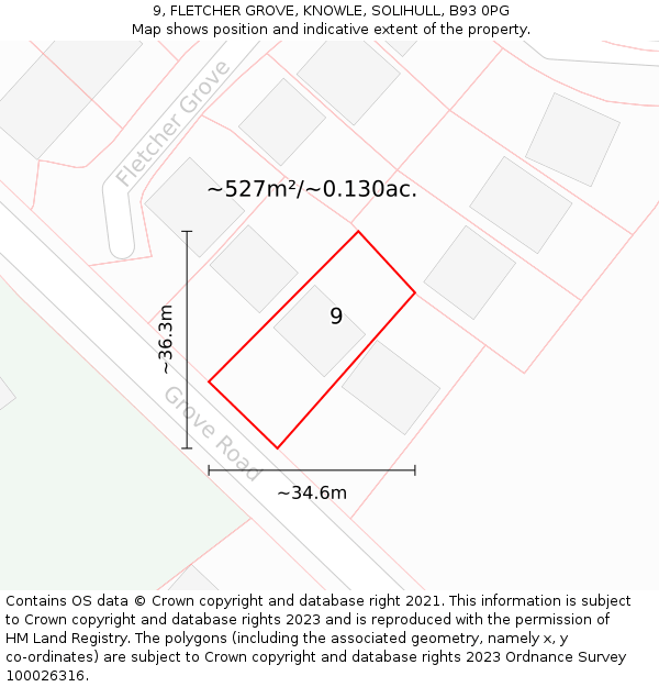 9, FLETCHER GROVE, KNOWLE, SOLIHULL, B93 0PG: Plot and title map