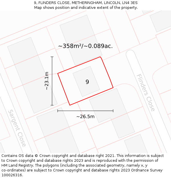 9, FLINDERS CLOSE, METHERINGHAM, LINCOLN, LN4 3ES: Plot and title map