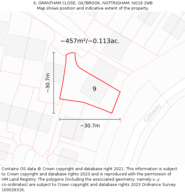 9, GRANTHAM CLOSE, GILTBROOK, NOTTINGHAM, NG16 2WB: Plot and title map