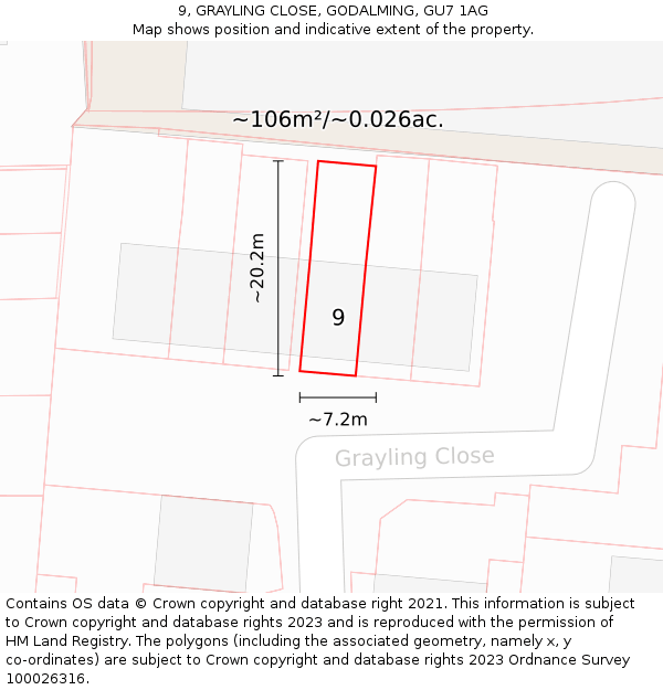 9, GRAYLING CLOSE, GODALMING, GU7 1AG: Plot and title map