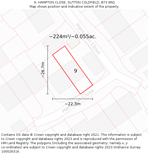 9, HAMPTON CLOSE, SUTTON COLDFIELD, B73 6RQ: Plot and title map