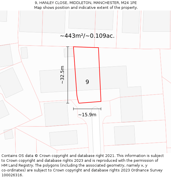 9, HANLEY CLOSE, MIDDLETON, MANCHESTER, M24 1PE: Plot and title map
