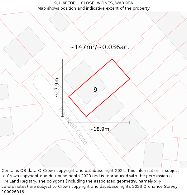 9, HAREBELL CLOSE, WIDNES, WA8 9EA: Plot and title map