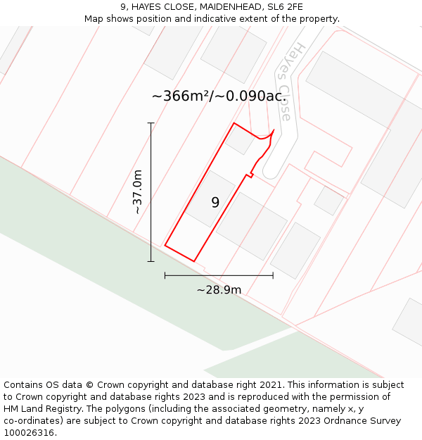 9, HAYES CLOSE, MAIDENHEAD, SL6 2FE: Plot and title map