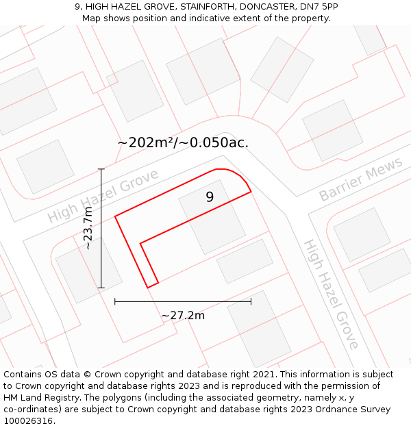 9, HIGH HAZEL GROVE, STAINFORTH, DONCASTER, DN7 5PP: Plot and title map