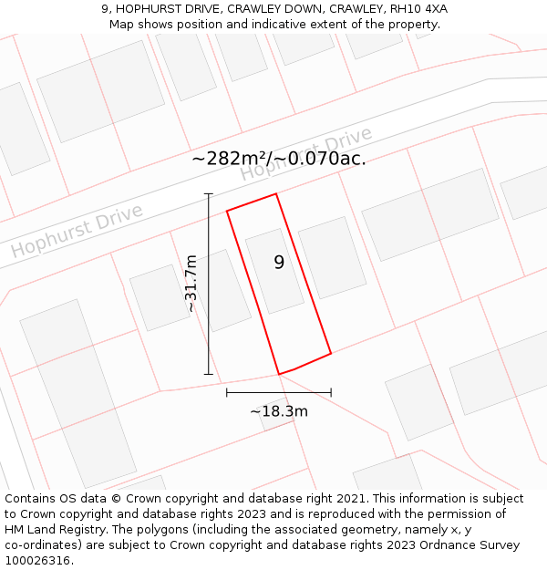 9, HOPHURST DRIVE, CRAWLEY DOWN, CRAWLEY, RH10 4XA: Plot and title map