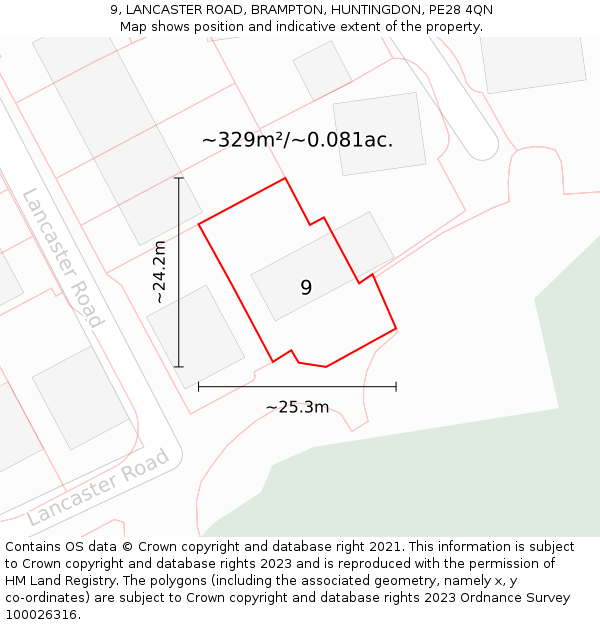 9, LANCASTER ROAD, BRAMPTON, HUNTINGDON, PE28 4QN: Plot and title map