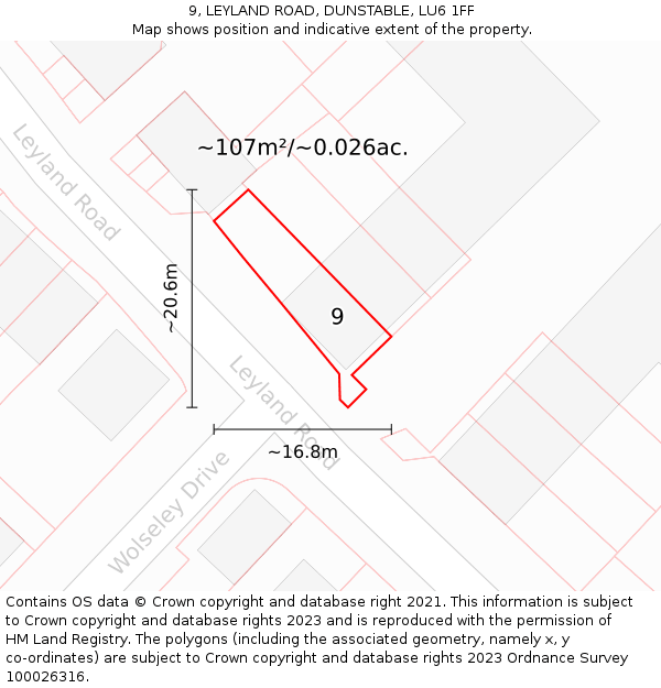 9, LEYLAND ROAD, DUNSTABLE, LU6 1FF: Plot and title map