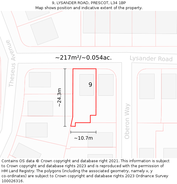 9, LYSANDER ROAD, PRESCOT, L34 1BP: Plot and title map