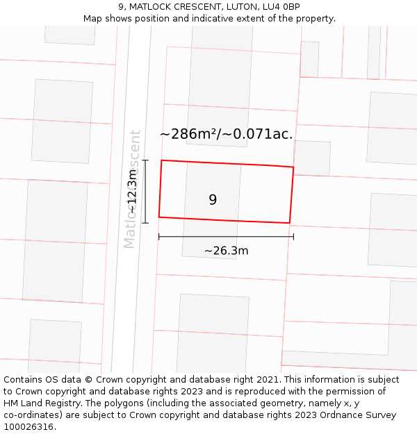 9, MATLOCK CRESCENT, LUTON, LU4 0BP: Plot and title map