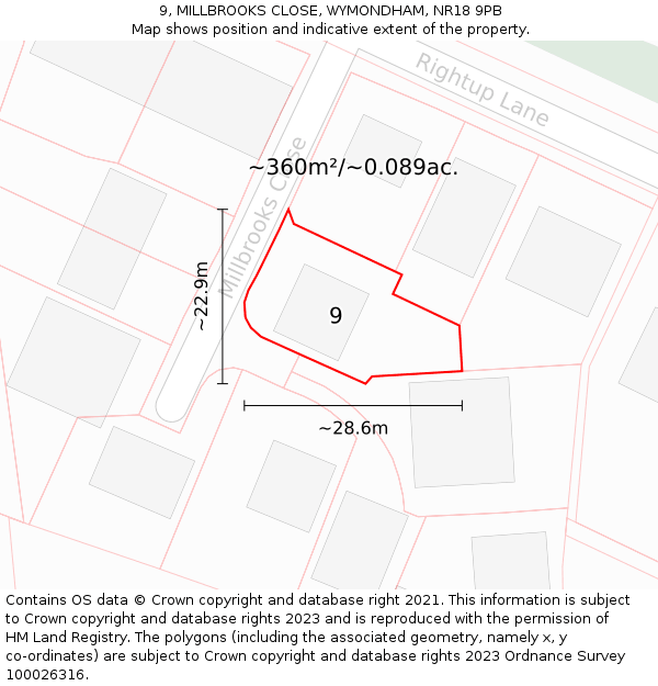 9, MILLBROOKS CLOSE, WYMONDHAM, NR18 9PB: Plot and title map