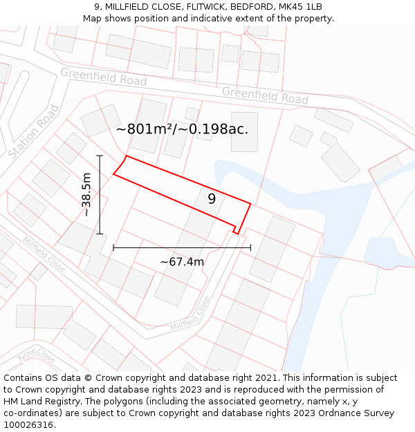 9, MILLFIELD CLOSE, FLITWICK, BEDFORD, MK45 1LB: Plot and title map
