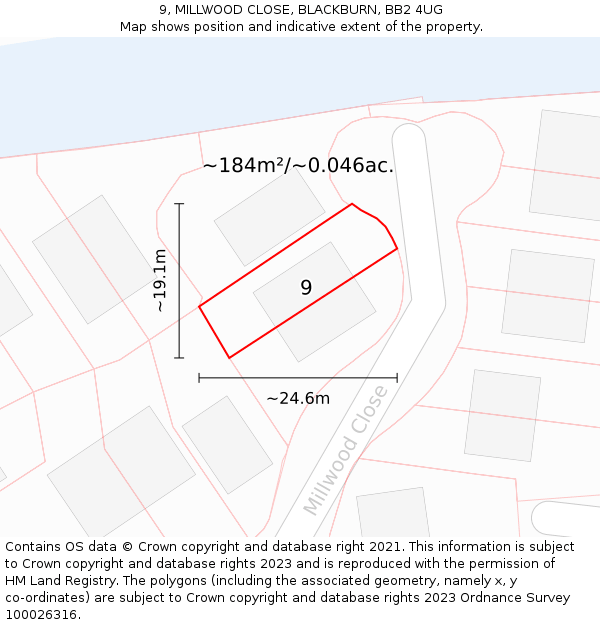 9, MILLWOOD CLOSE, BLACKBURN, BB2 4UG: Plot and title map