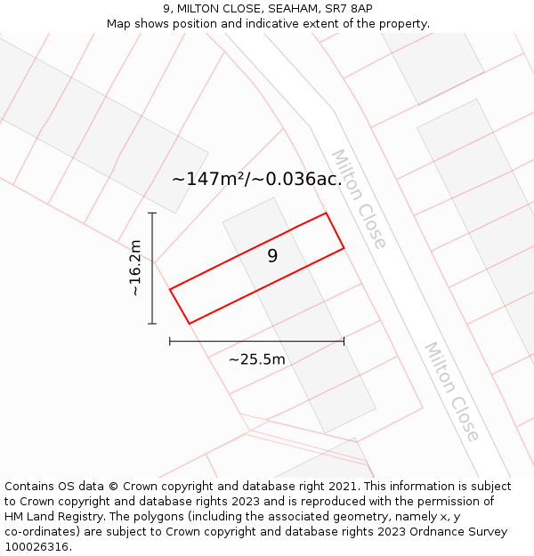 9, MILTON CLOSE, SEAHAM, SR7 8AP: Plot and title map