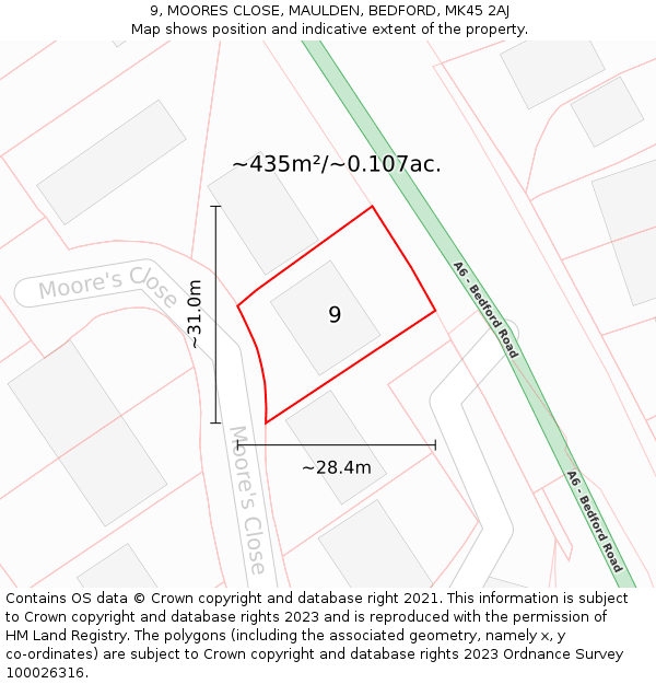 9, MOORES CLOSE, MAULDEN, BEDFORD, MK45 2AJ: Plot and title map