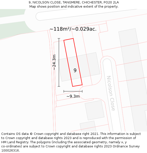9, NICOLSON CLOSE, TANGMERE, CHICHESTER, PO20 2LA: Plot and title map