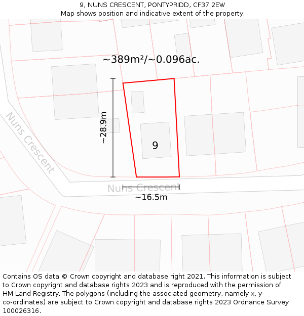 9, NUNS CRESCENT, PONTYPRIDD, CF37 2EW: Plot and title map