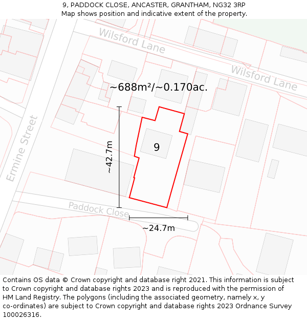 9, PADDOCK CLOSE, ANCASTER, GRANTHAM, NG32 3RP: Plot and title map