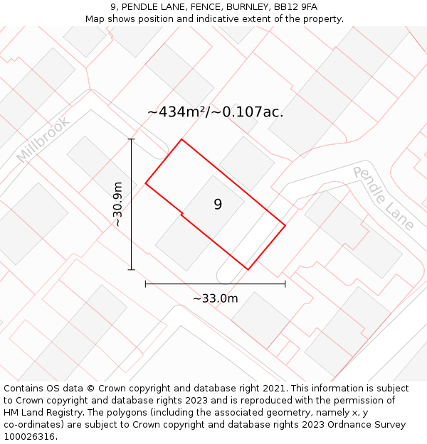 9, PENDLE LANE, FENCE, BURNLEY, BB12 9FA: Plot and title map