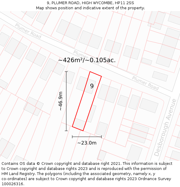 9, PLUMER ROAD, HIGH WYCOMBE, HP11 2SS: Plot and title map