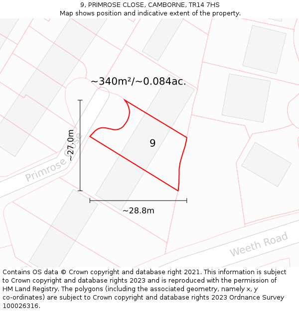 9, PRIMROSE CLOSE, CAMBORNE, TR14 7HS: Plot and title map