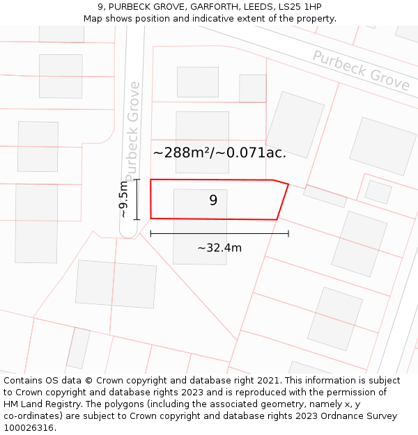 9, PURBECK GROVE, GARFORTH, LEEDS, LS25 1HP: Plot and title map