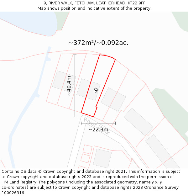 9, RIVER WALK, FETCHAM, LEATHERHEAD, KT22 9FF: Plot and title map