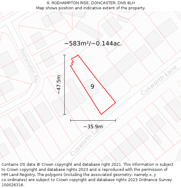9, ROEHAMPTON RISE, DONCASTER, DN5 8LH: Plot and title map