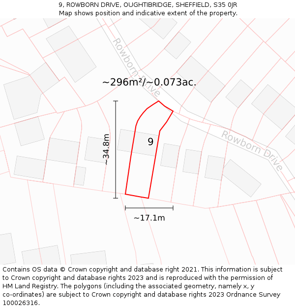 9, ROWBORN DRIVE, OUGHTIBRIDGE, SHEFFIELD, S35 0JR: Plot and title map