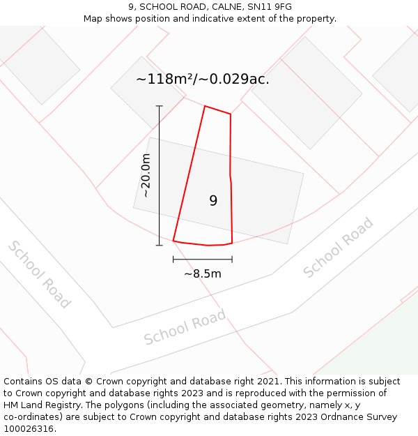 9, SCHOOL ROAD, CALNE, SN11 9FG: Plot and title map