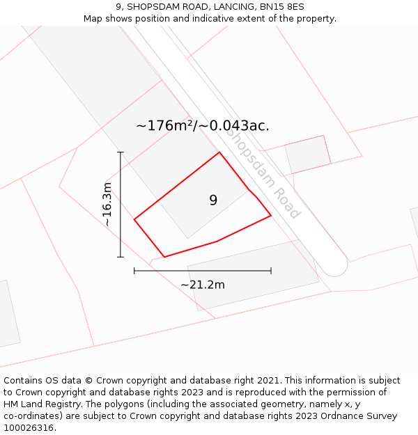 9, SHOPSDAM ROAD, LANCING, BN15 8ES: Plot and title map