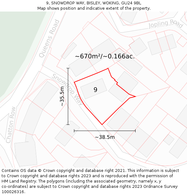 9, SNOWDROP WAY, BISLEY, WOKING, GU24 9BL: Plot and title map