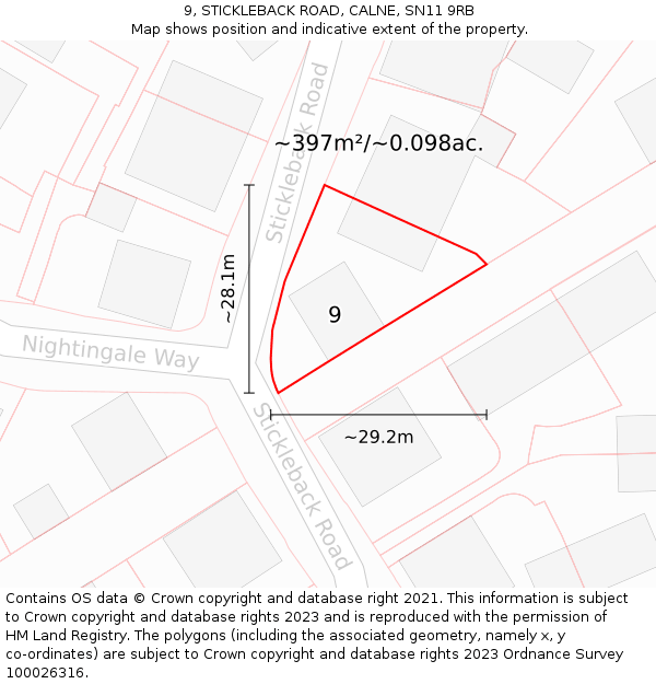9, STICKLEBACK ROAD, CALNE, SN11 9RB: Plot and title map